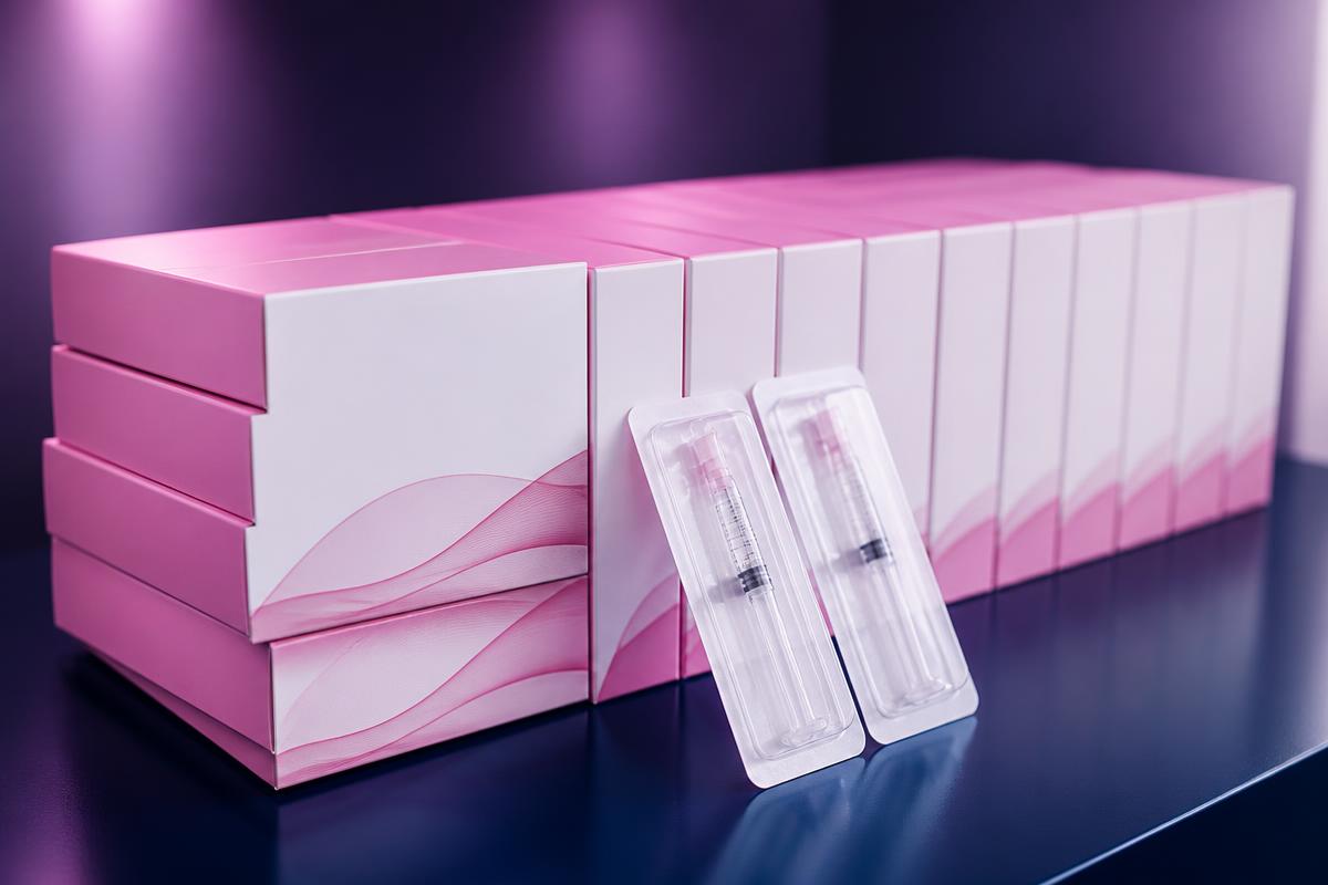 Boxes of dermal filler stacked for a bulk wholesale order